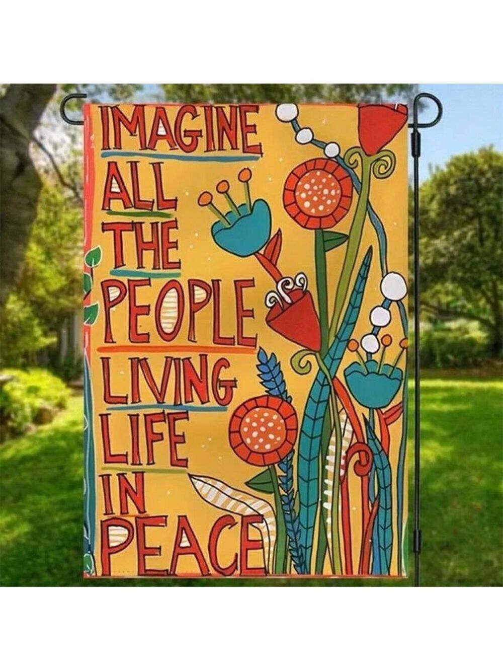 Imagine All The People Living Life In Peace Burlap Hanging Flag